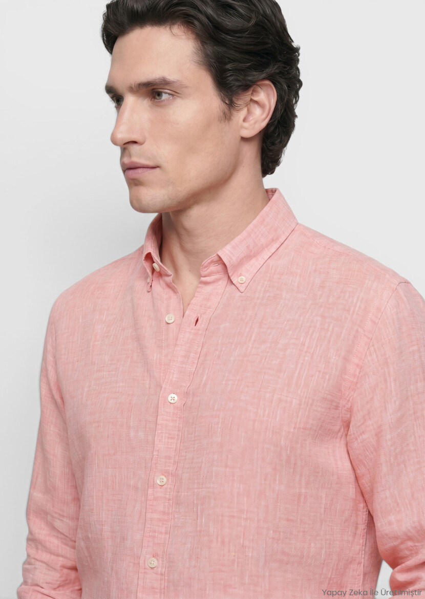 Turuncu Düz Casual Fit Uzun Dokuma Casual %100 Keten Gömlek - RAMSEY