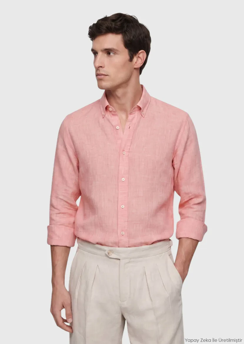 Turuncu Düz Casual Fit Uzun Dokuma Casual %100 Keten Gömlek - RAMSEY