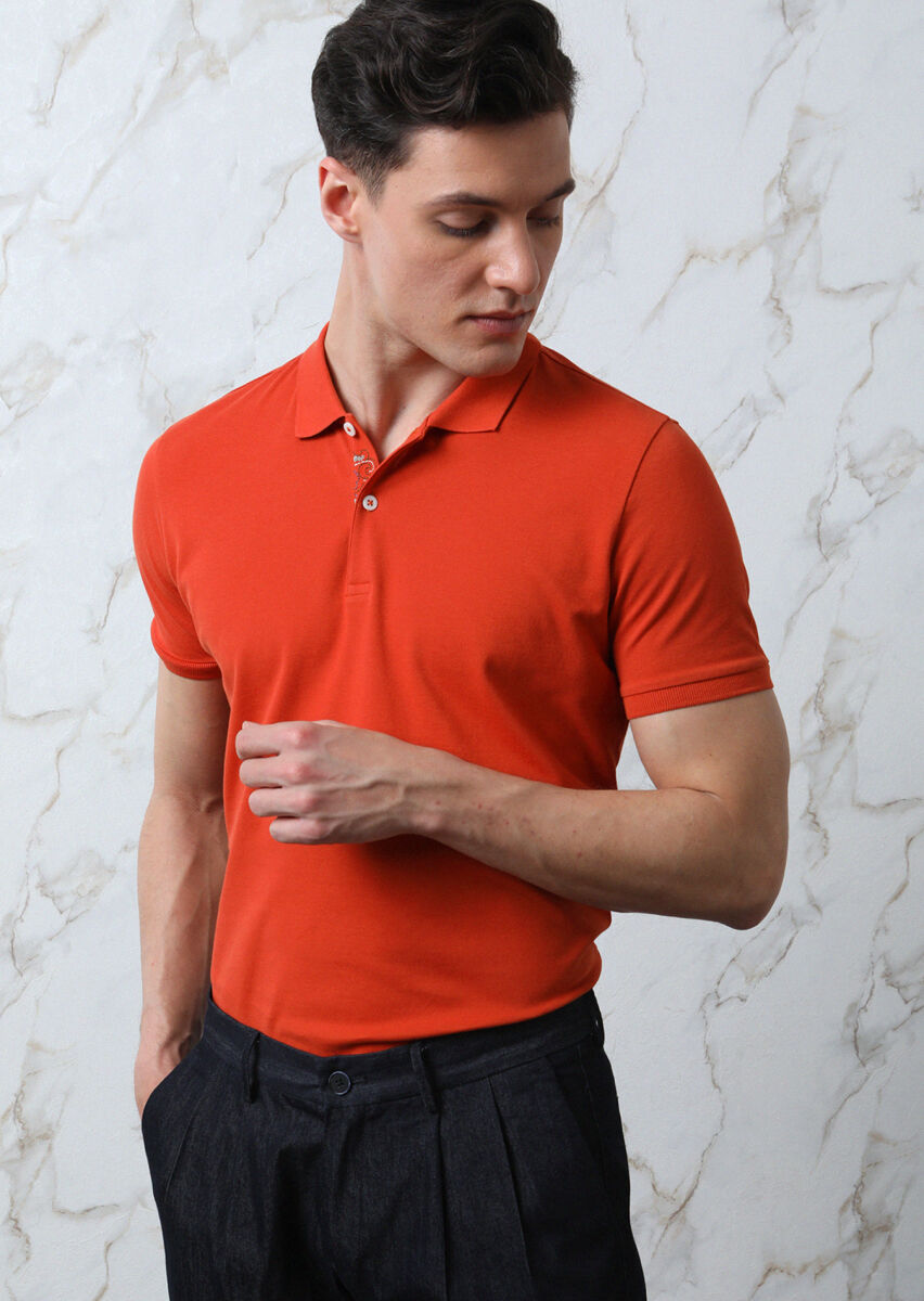 Turuncu Düz Polo Yaka %100 Pamuk T-Shirt - 4