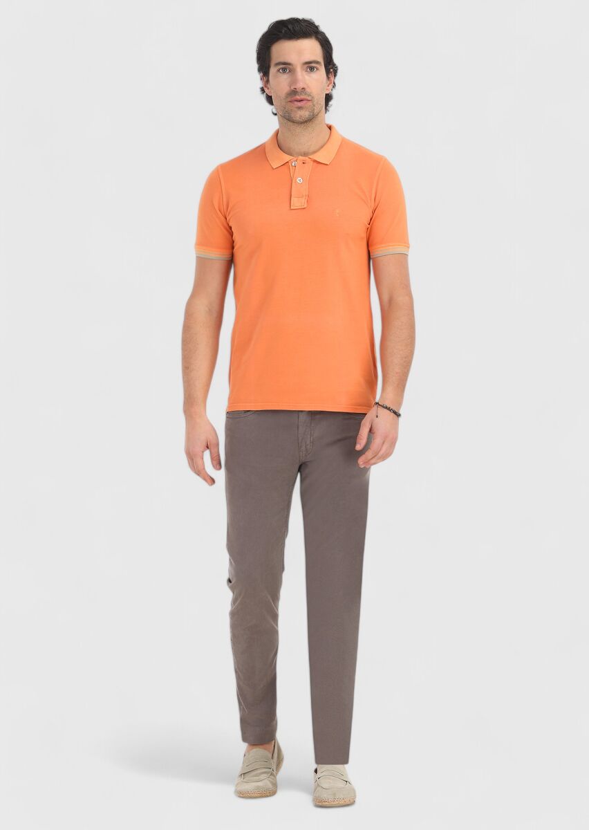 Turuncu Düz Polo Yaka %100 Pamuk T-Shirt - 1