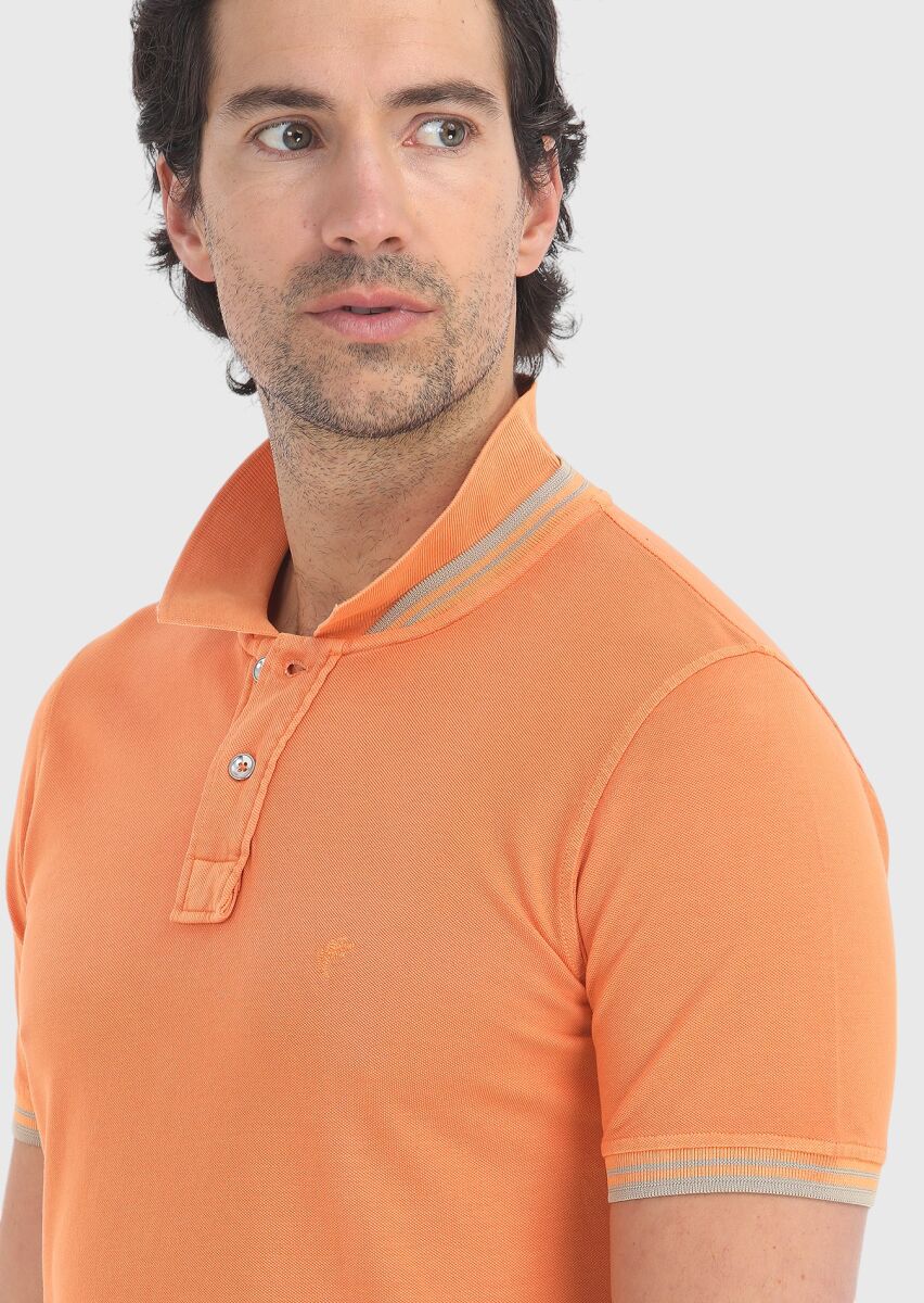 Turuncu Düz Polo Yaka %100 Pamuk T-Shirt - 3