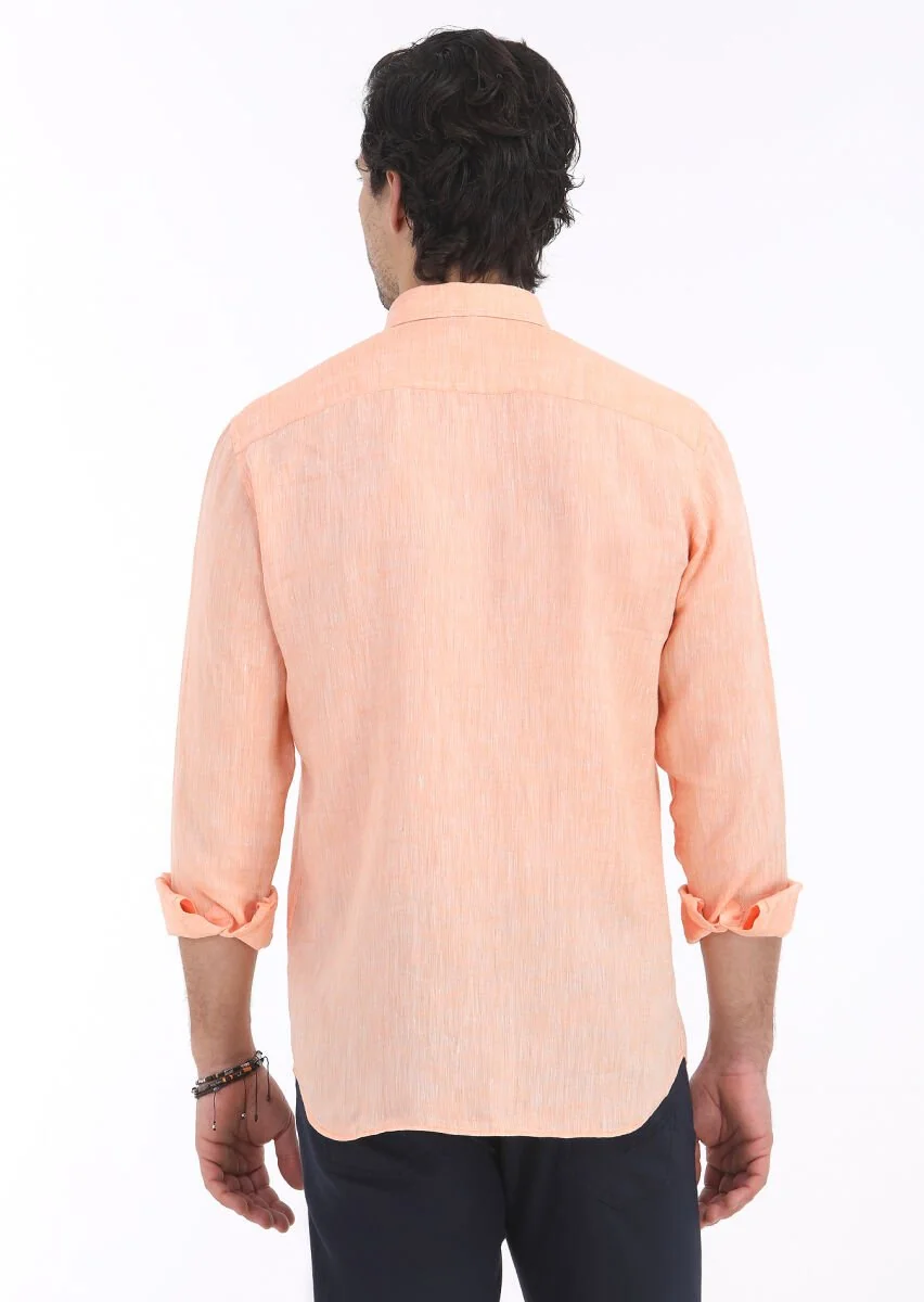 Turuncu Düz Regular Fit Dokuma Casual %100 Keten Gömlek - 5