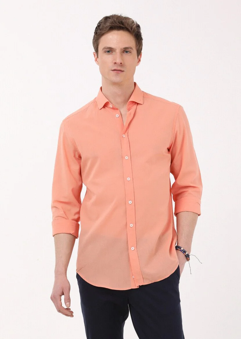 Turuncu Düz Regular Fit Dokuma Casual %100 Pamuk Gömlek - 1