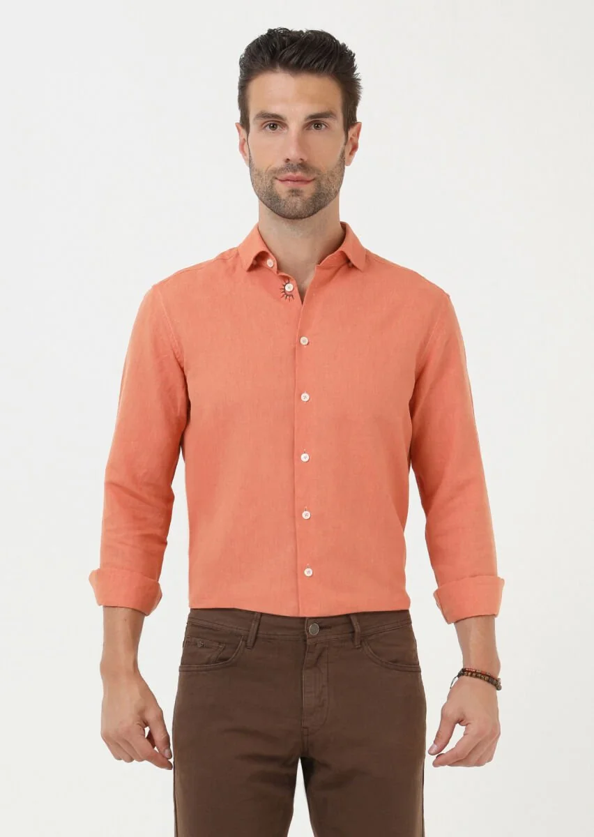 Turuncu Düz Regular Fit Dokuma Casual Pamuk Karışımlı Gömlek - 1