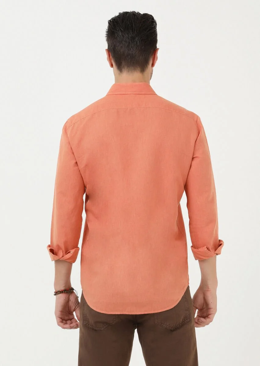 Turuncu Düz Regular Fit Dokuma Casual Pamuk Karışımlı Gömlek - 5