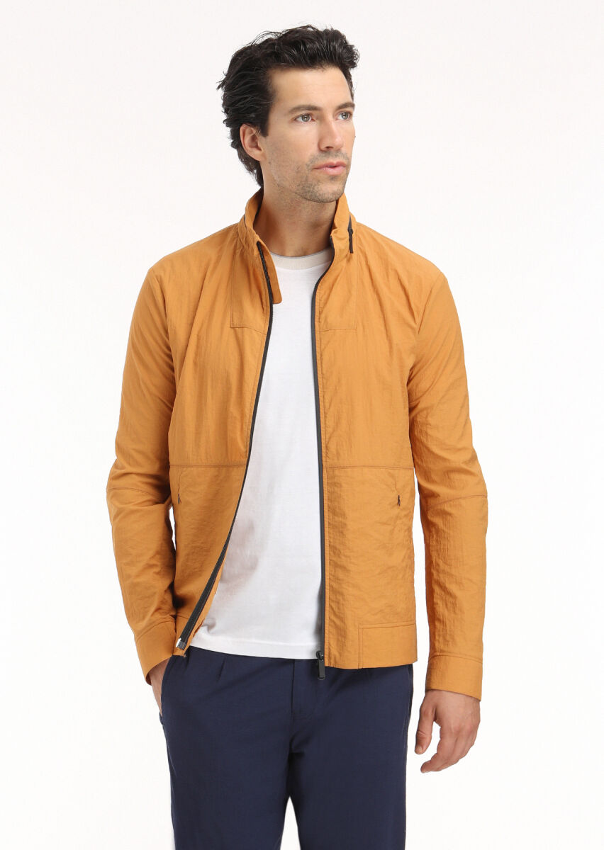 Turuncu Regular Fit Dik Yaka Casual Dokuma Mont - 3