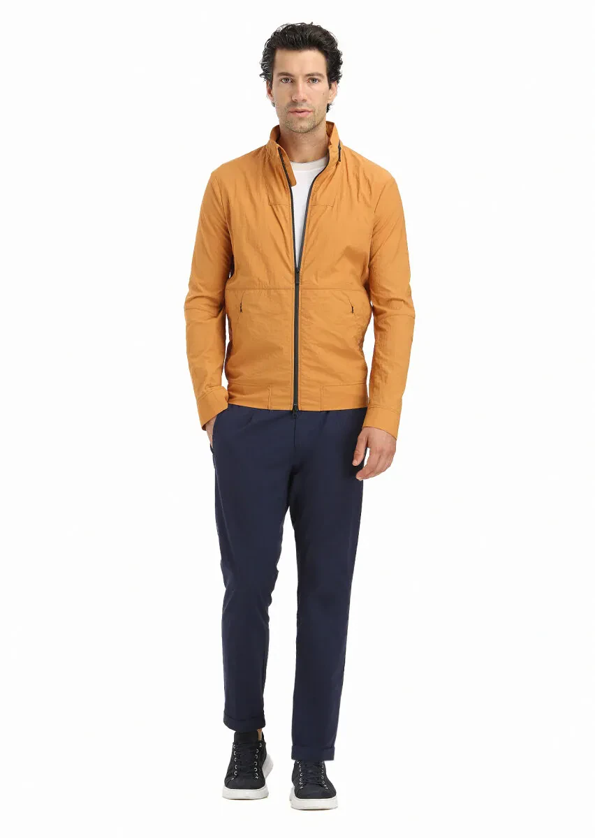 Turuncu Regular Fit Dik Yaka Casual Dokuma Mont - 1