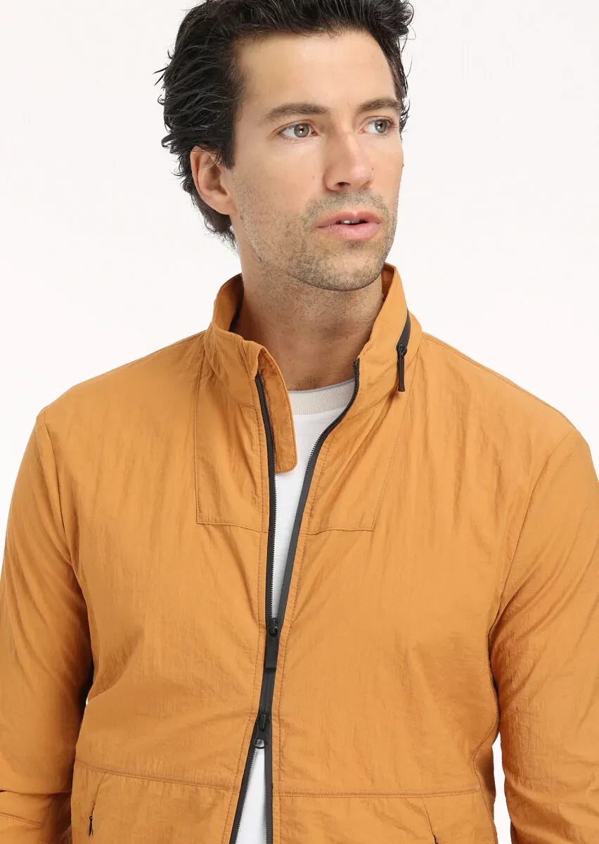 Turuncu Regular Fit Dik Yaka Casual Dokuma Mont - 5