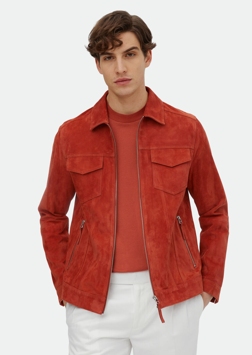 Turuncu Regular Fit Dik Yaka Casual Süet Deri Mont - 1