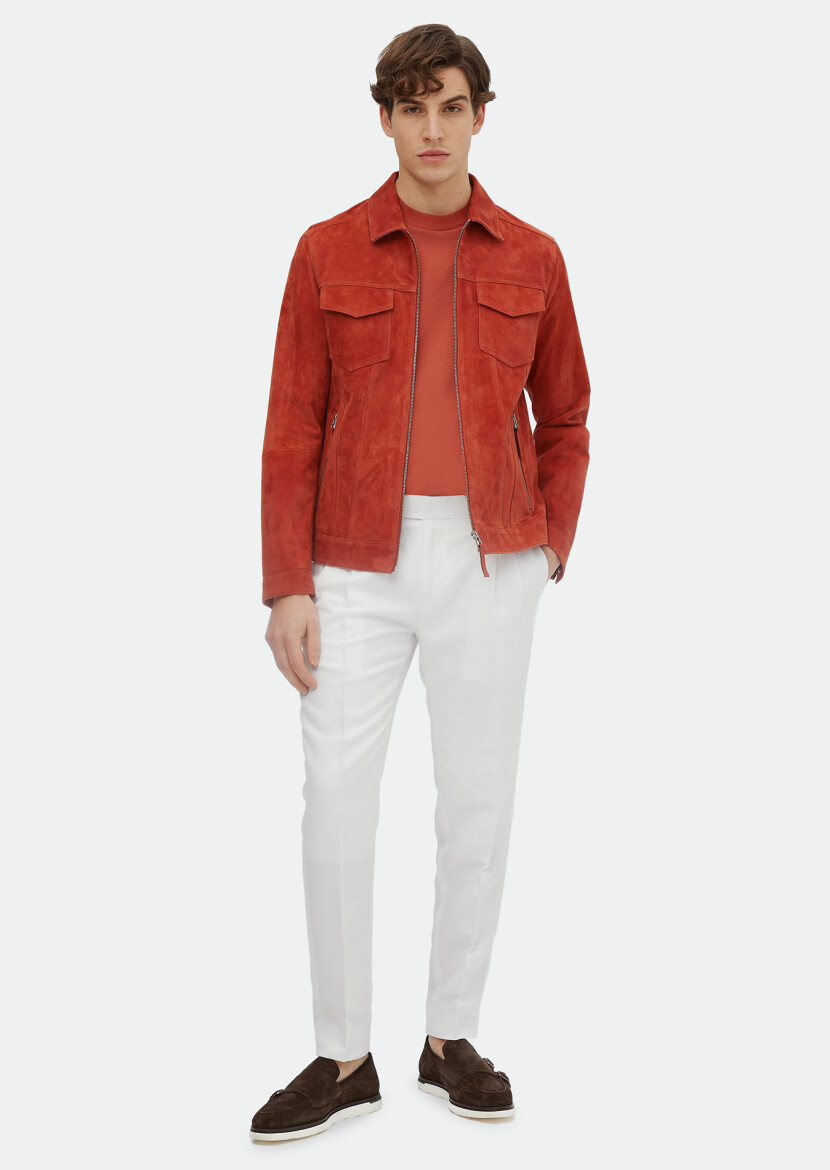 Turuncu Regular Fit Dik Yaka Casual Süet Deri Mont - 2