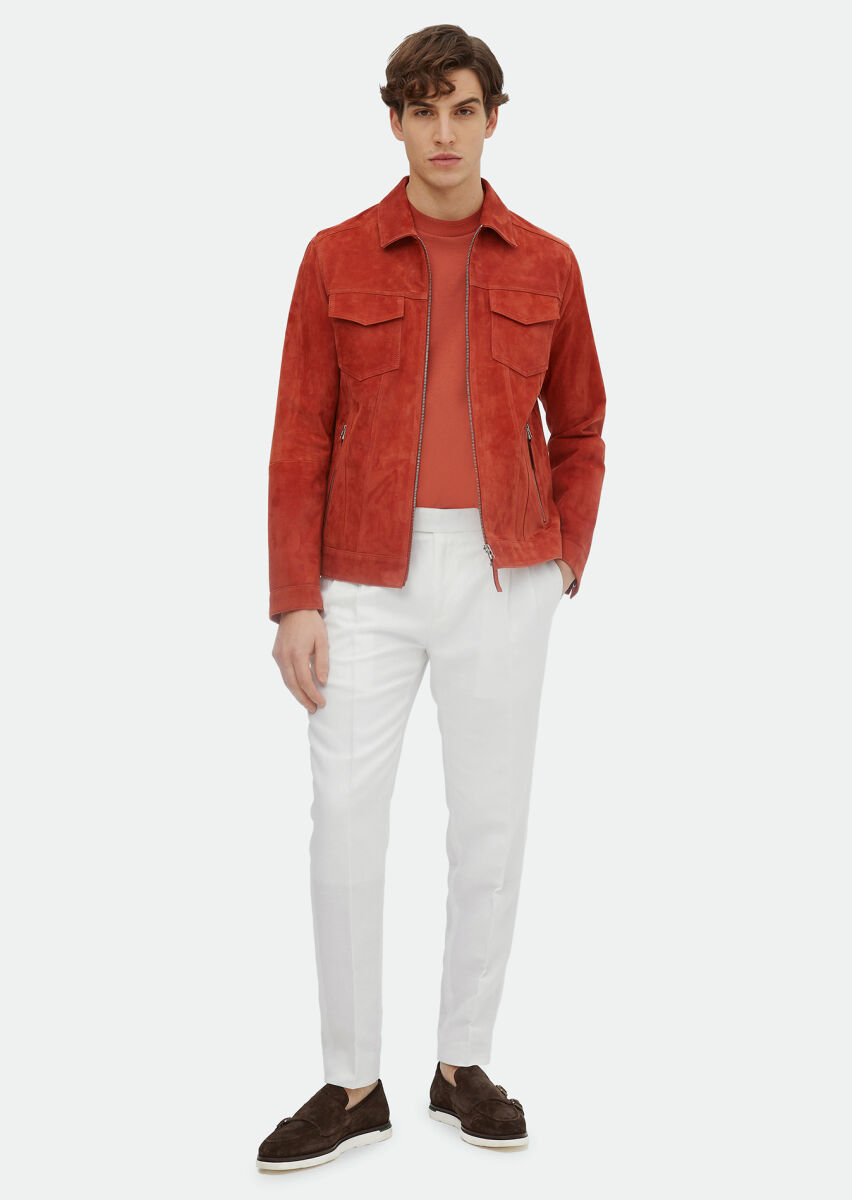 Turuncu Regular Fit Dik Yaka Casual Süet Deri Mont - 2