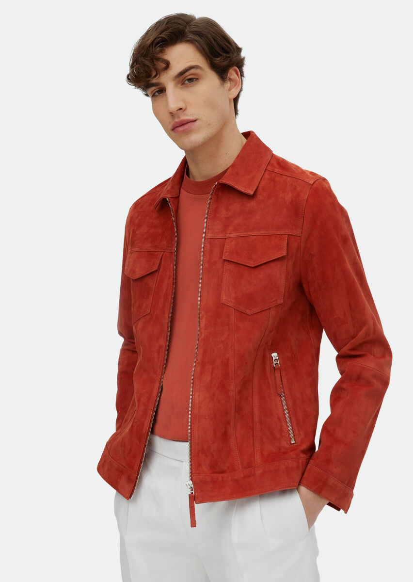 Turuncu Regular Fit Dik Yaka Casual Süet Deri Mont - 3