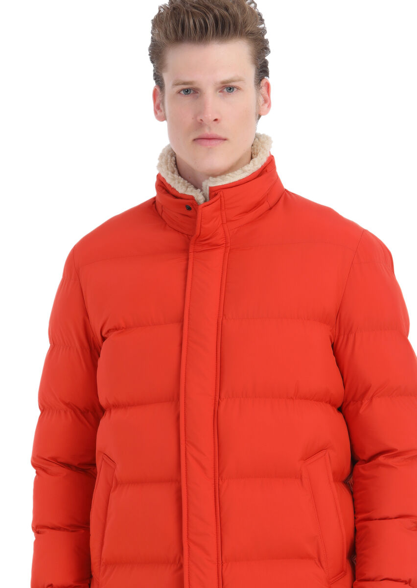 Turuncu Regular Fit Gömlek Yaka Casual Dokuma Kaban - 4