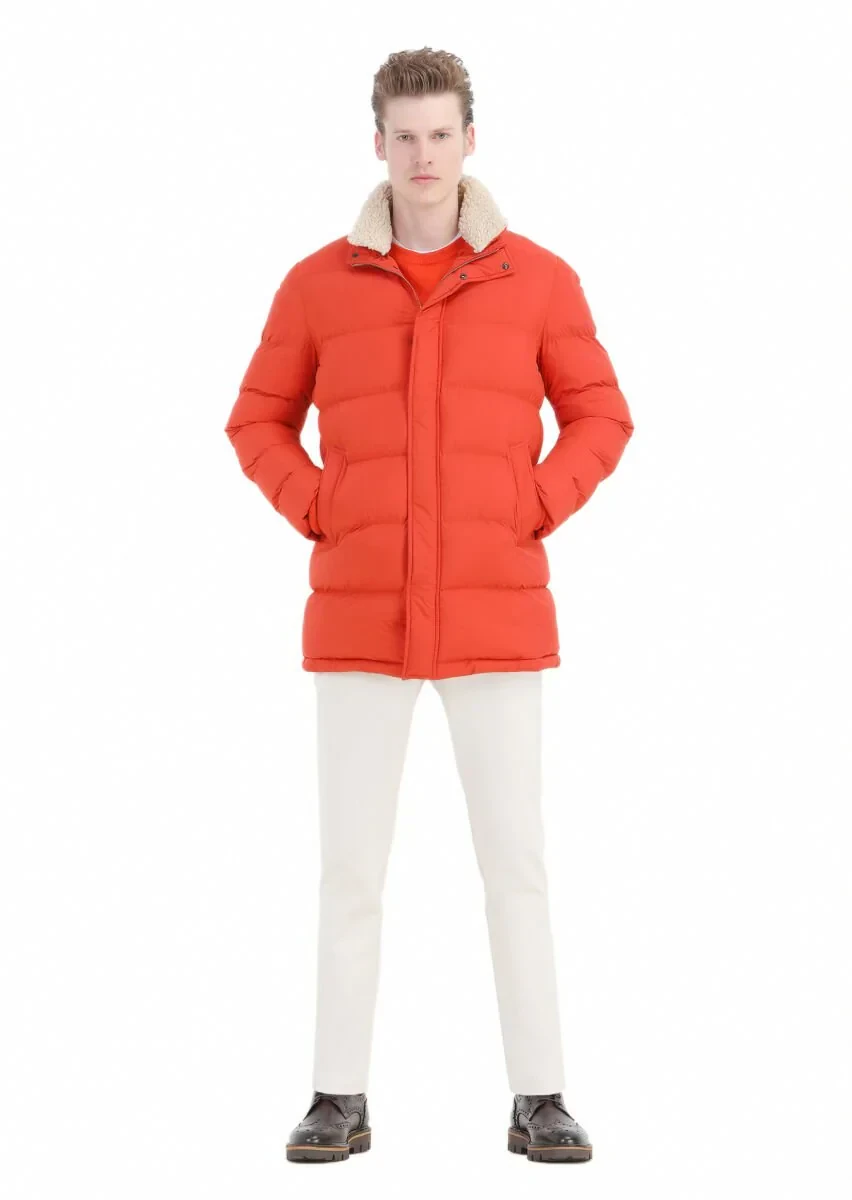 Turuncu Regular Fit Gömlek Yaka Casual Dokuma Kaban - 3