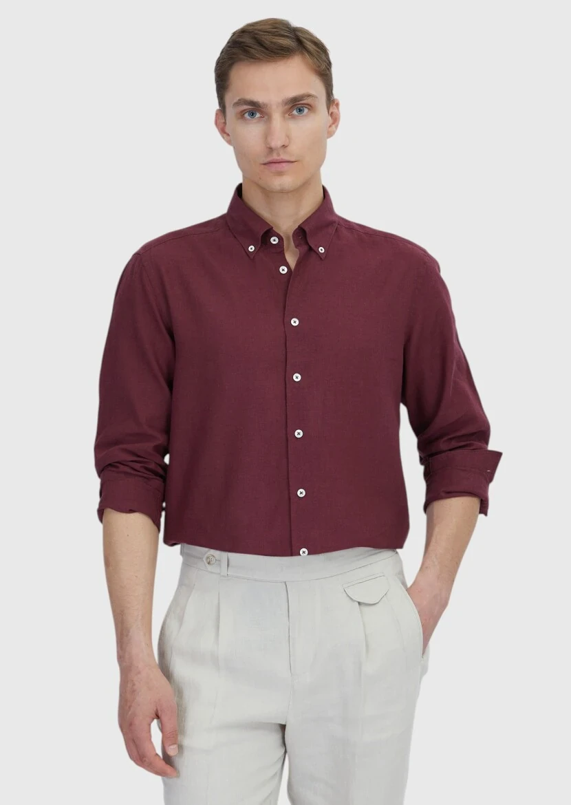 Vermilion Plain Casual Fit Weaving Casual Cotton Blended Shirt - 1