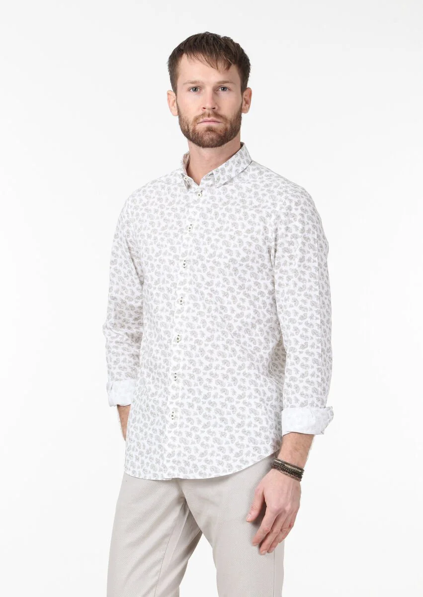 Vizon Baskılı Regular Fit Dokuma Casual Pamuk Karışımlı Gömlek - 1