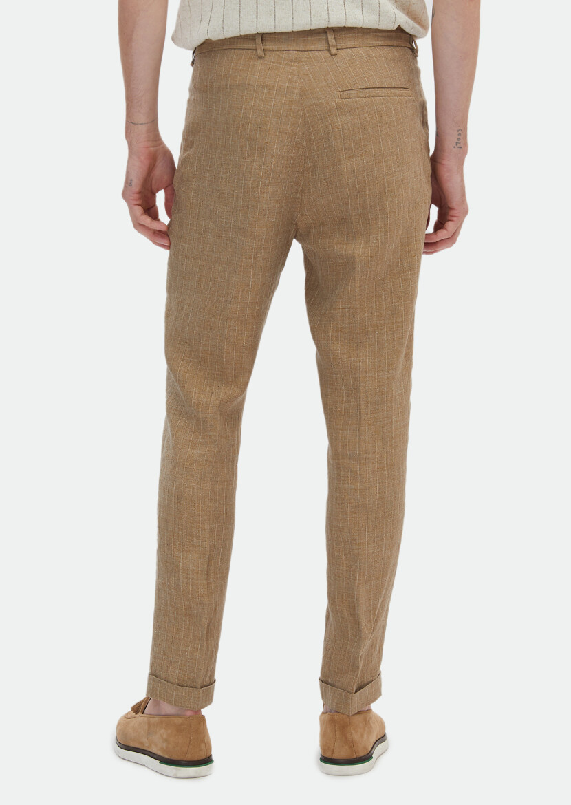Vizon Çizgili Dokuma Carrot Fit Klasik %100 Keten Pantolon - 3