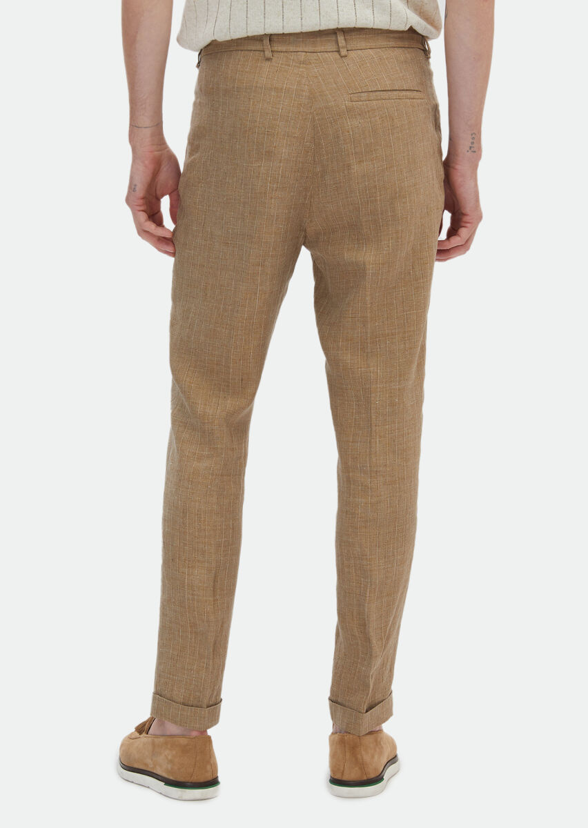 Vizon Çizgili Dokuma Carrot Fit Klasik %100 Keten Pantolon - 3