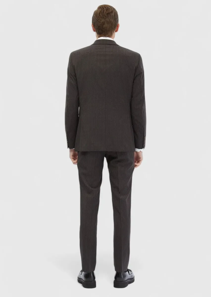 Vizon Çizgili Modern Fit %100 Yün Takım Elbise - 6