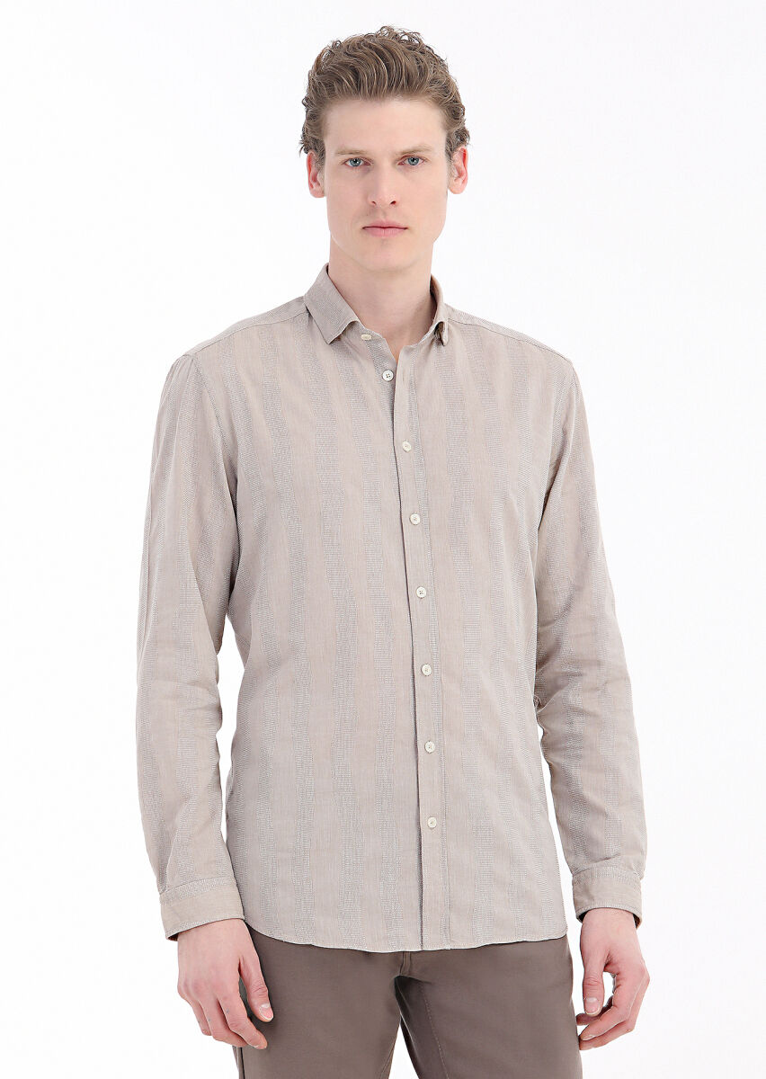 Vizon Çizgili Regular Fit Uzun Dokuma Casual %100 Pamuk Gömlek - 2