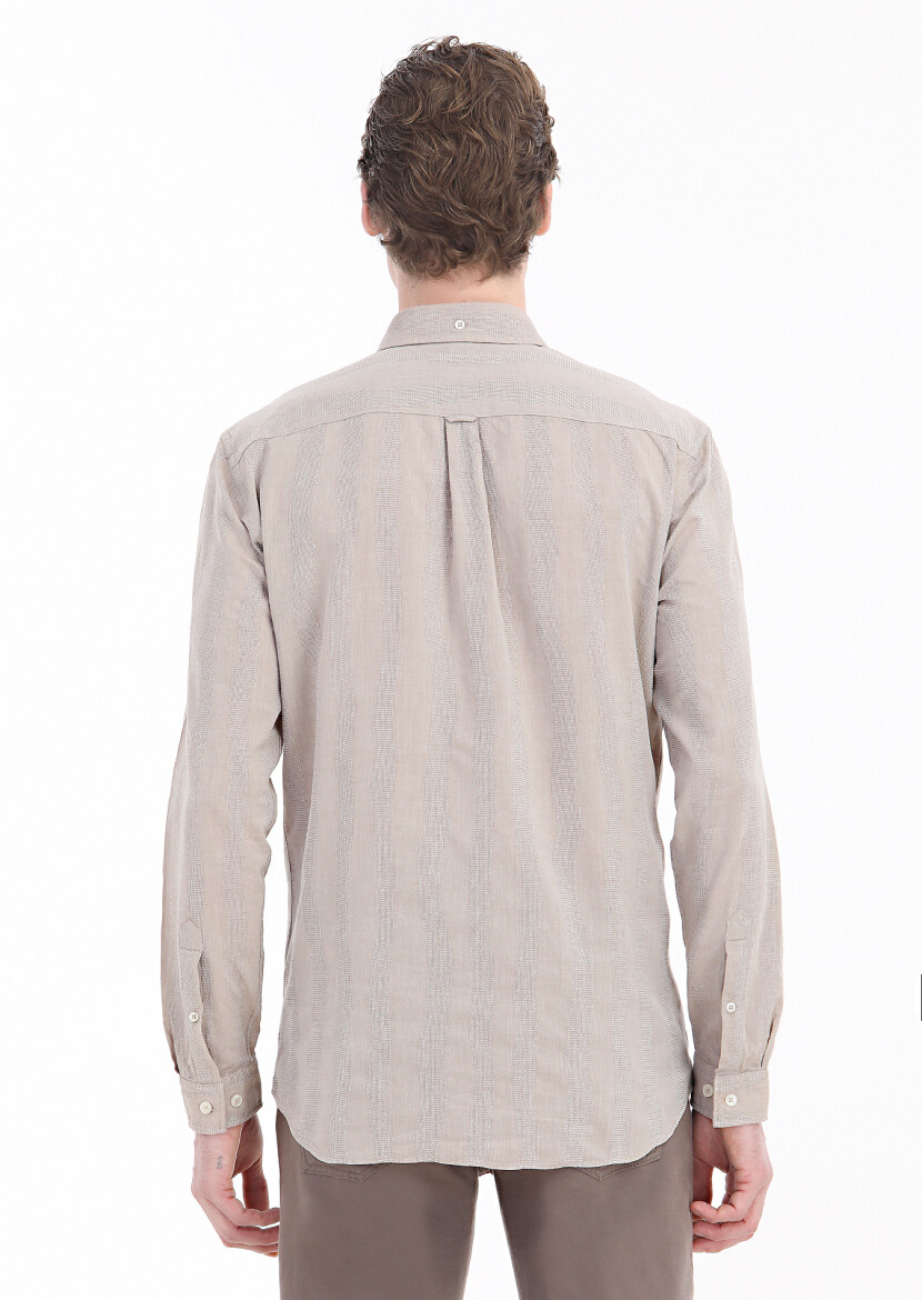 Vizon Çizgili Regular Fit Uzun Dokuma Casual %100 Pamuk Gömlek - 4