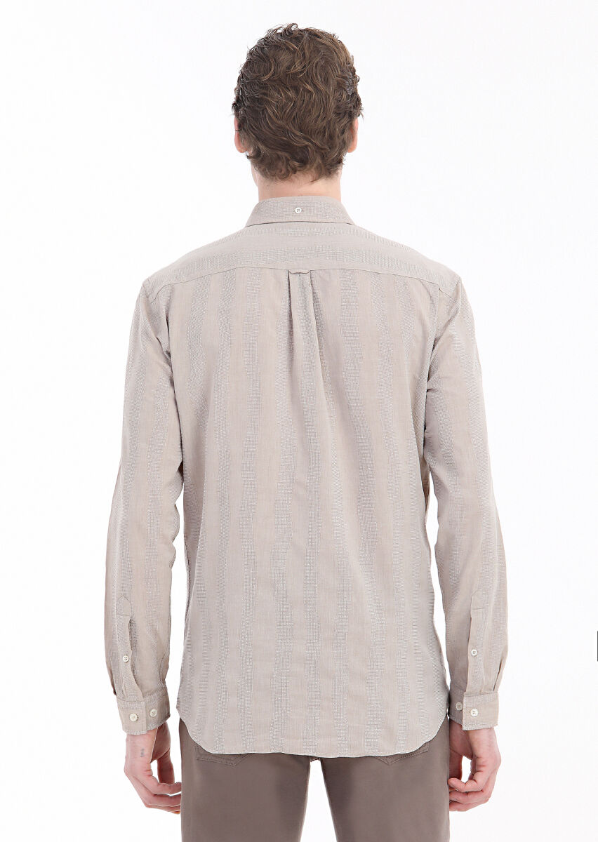 Vizon Çizgili Regular Fit Uzun Dokuma Casual %100 Pamuk Gömlek - 4