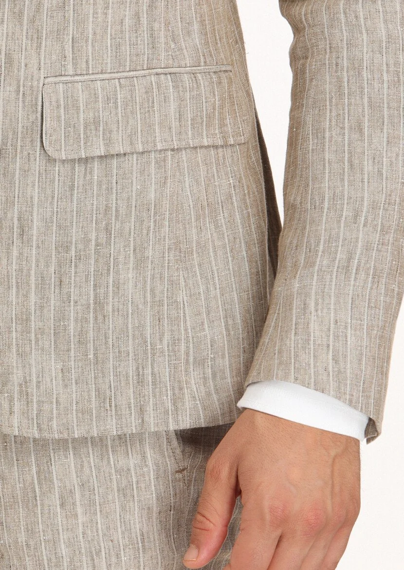 Vizon Çizgili Zeroweight Slim Fit %100 Keten Takım Elbise - 4