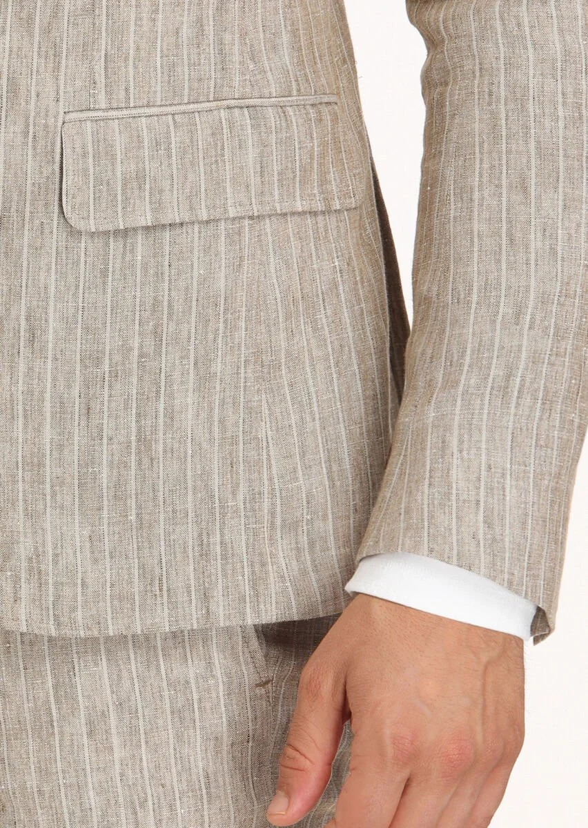 Vizon Çizgili Zeroweight Slim Fit %100 Keten Takım Elbise - 4