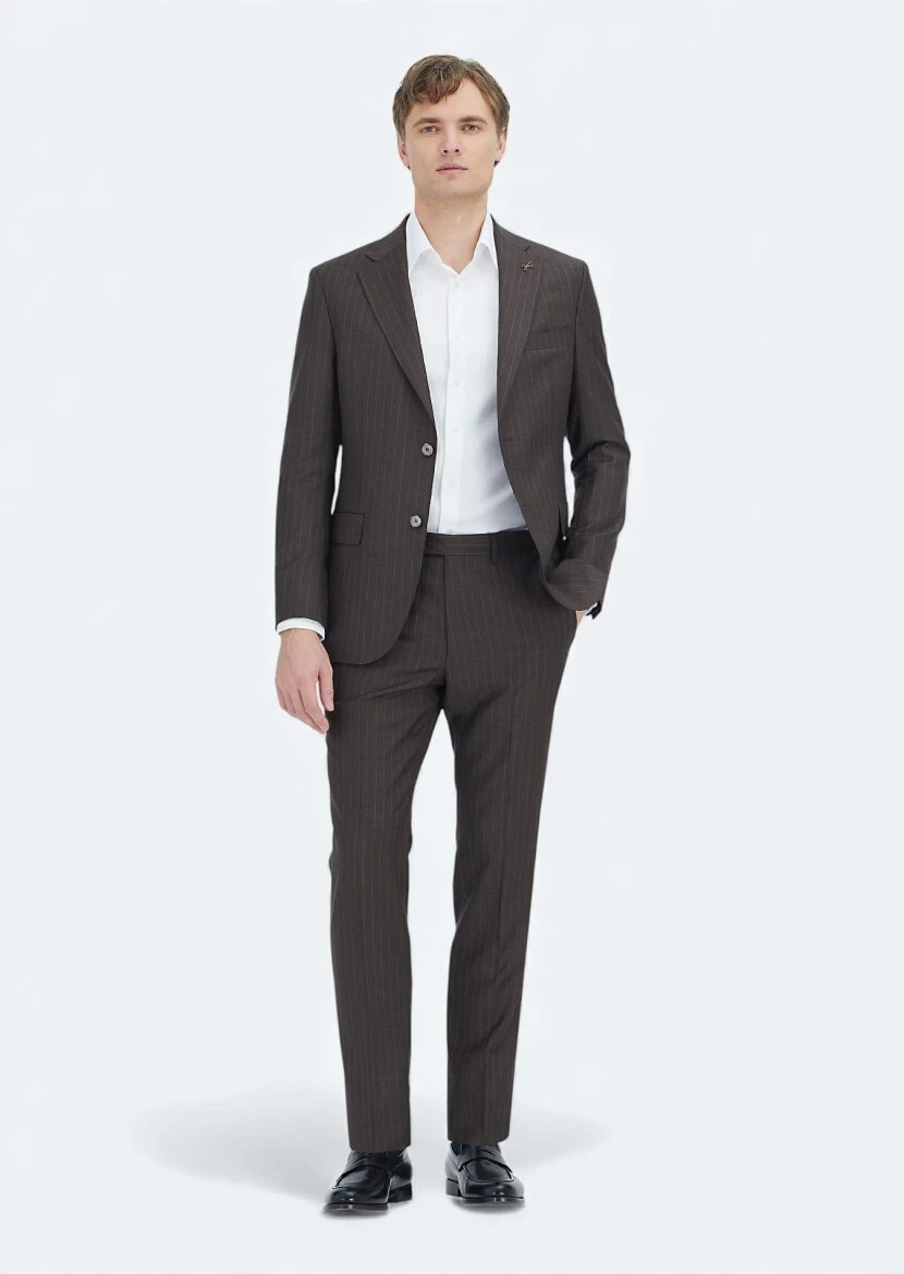 Vizon Çizgili Zeroweight Slim Fit %100 Yün Takım Elbise - RAMSEY