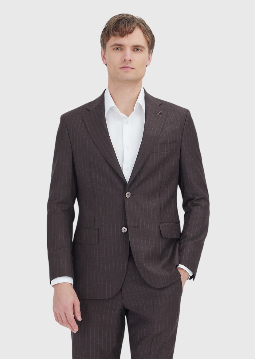 Vizon Çizgili Zeroweight Slim Fit %100 Yün Takım Elbise - 1