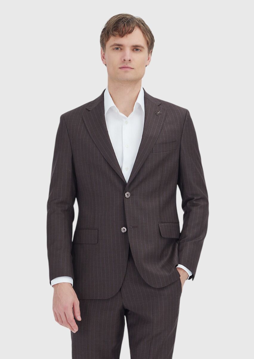 Vizon Çizgili Zeroweight Slim Fit %100 Yün Takım Elbise - 1