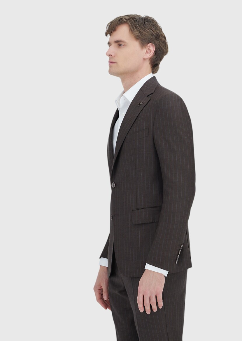 Vizon Çizgili Zeroweight Slim Fit %100 Yün Takım Elbise - 3