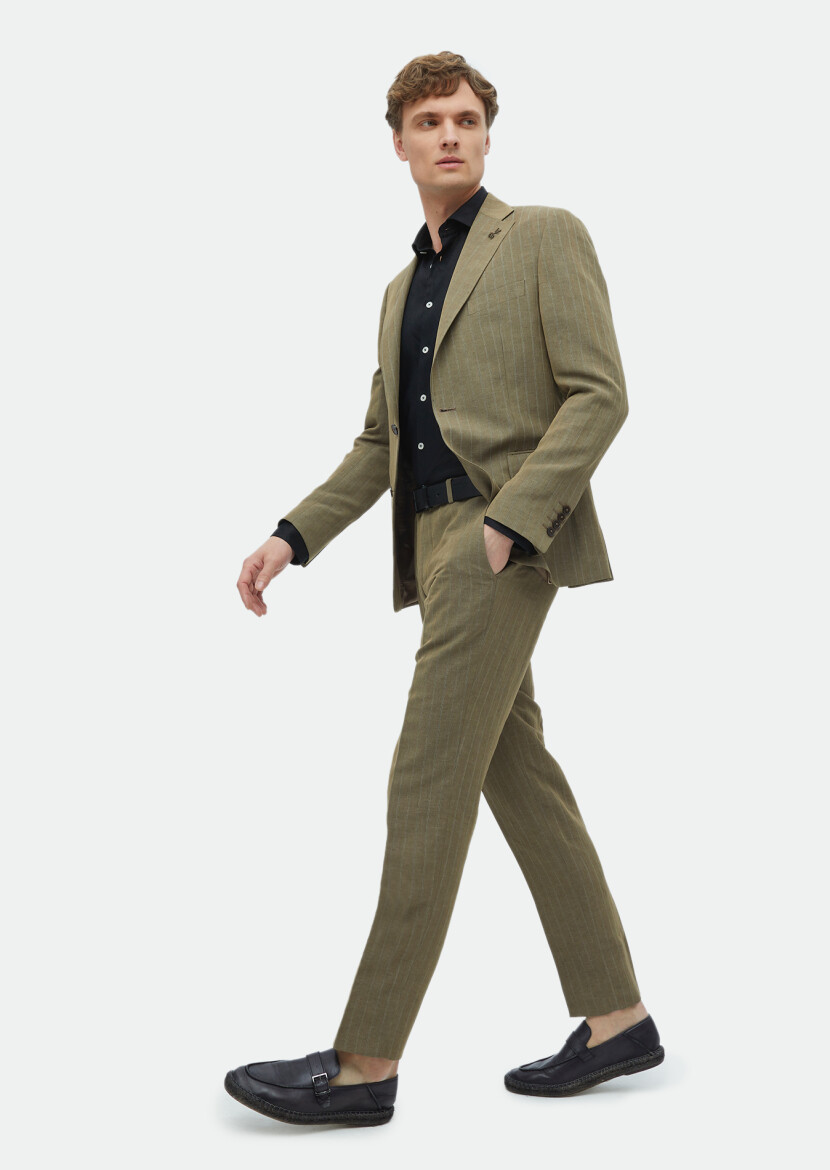 Vizon Çizgili Zeroweight Slim Fit Keten Karışımlı Takım Elbise 