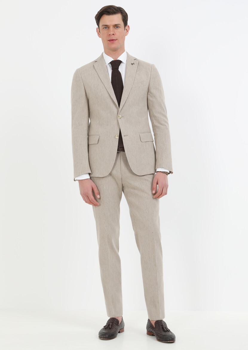 Vizon Çizgili Zeroweight Slim Fit Pamuk Karışımlı Takım Elbise - 1
