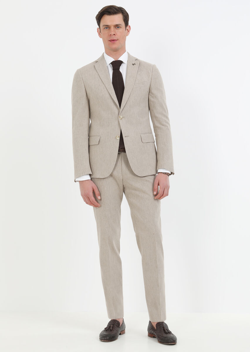 Vizon Çizgili Zeroweight Slim Fit Pamuk Karışımlı Takım Elbise - 1