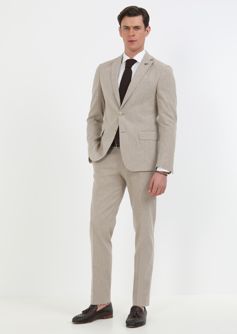 Vizon Çizgili Zeroweight Slim Fit Pamuk Karışımlı Takım Elbise - 3