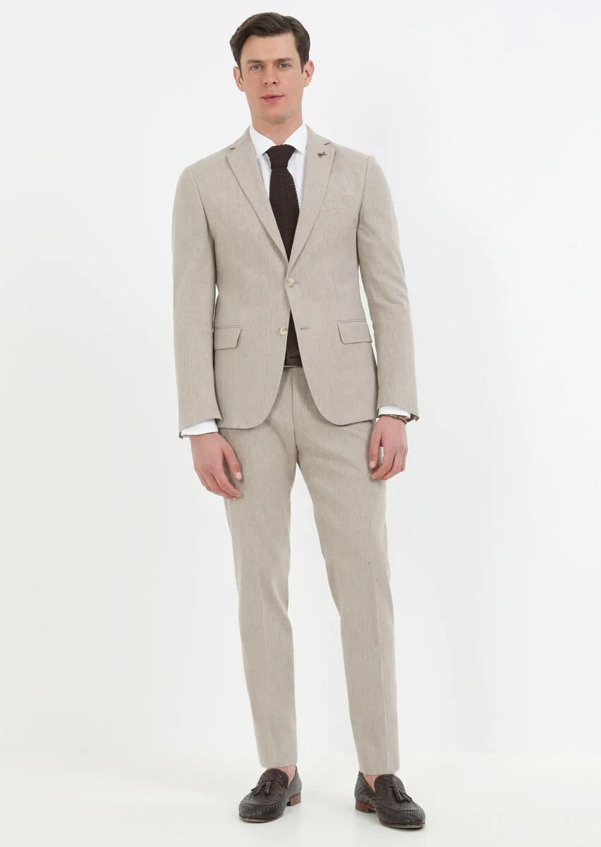 Vizon Çizgili Zeroweight Slim Fit Pamuk Karışımlı Takım Elbise - 1