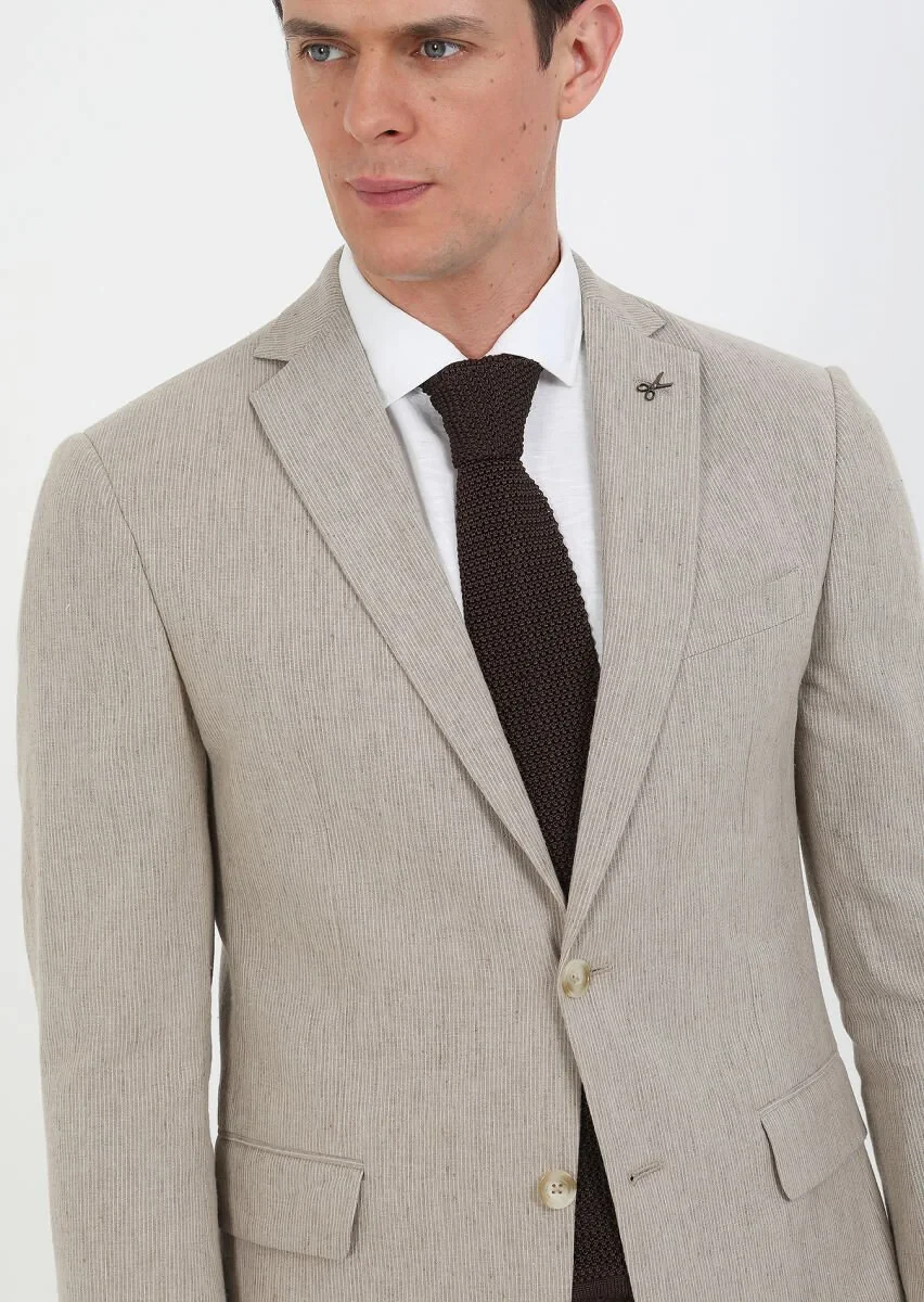 Vizon Çizgili Zeroweight Slim Fit Pamuk Karışımlı Takım Elbise - 2