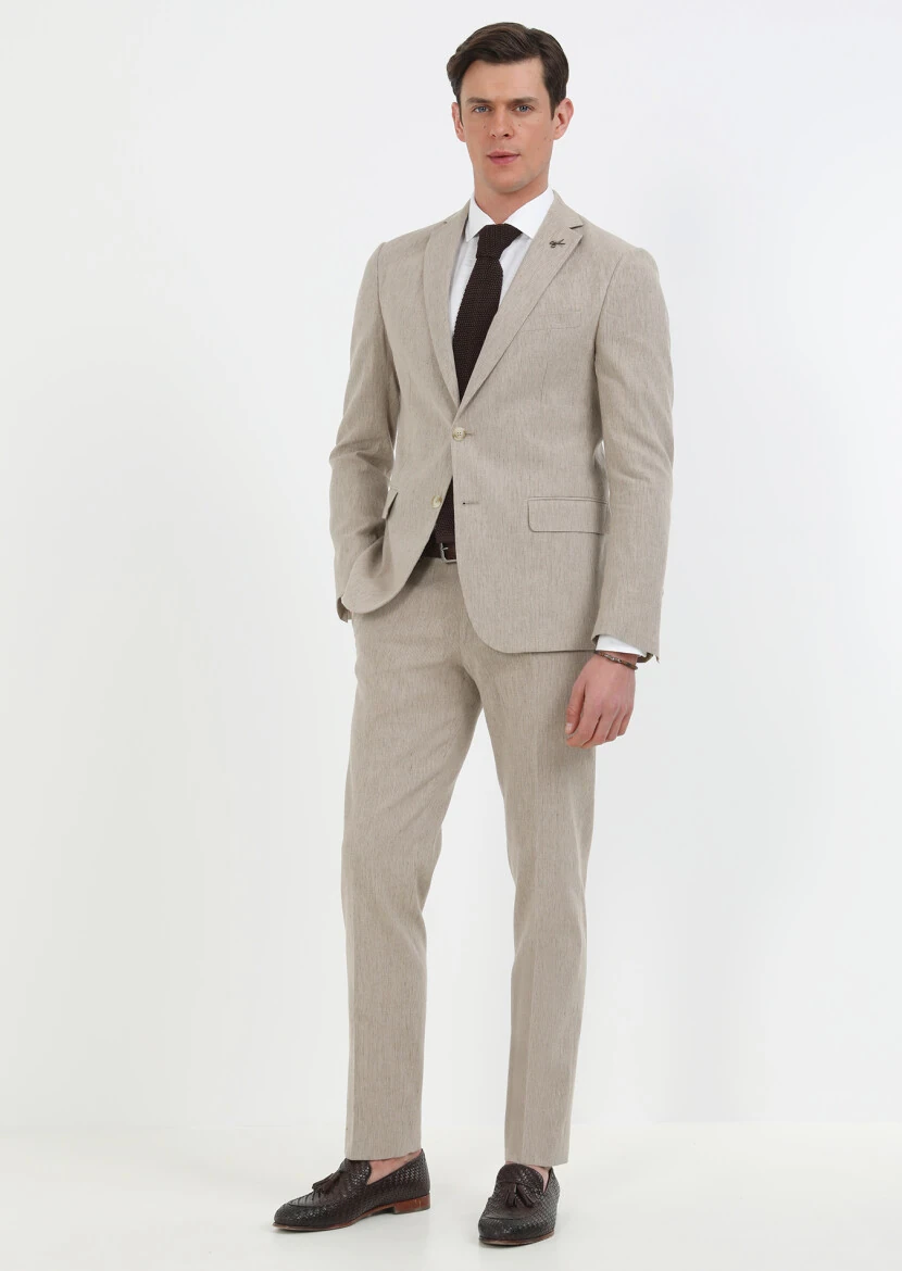 Vizon Çizgili Zeroweight Slim Fit Pamuk Karışımlı Takım Elbise - 3
