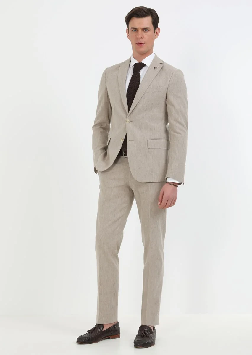 Vizon Çizgili Zeroweight Slim Fit Pamuk Karışımlı Takım Elbise - 3