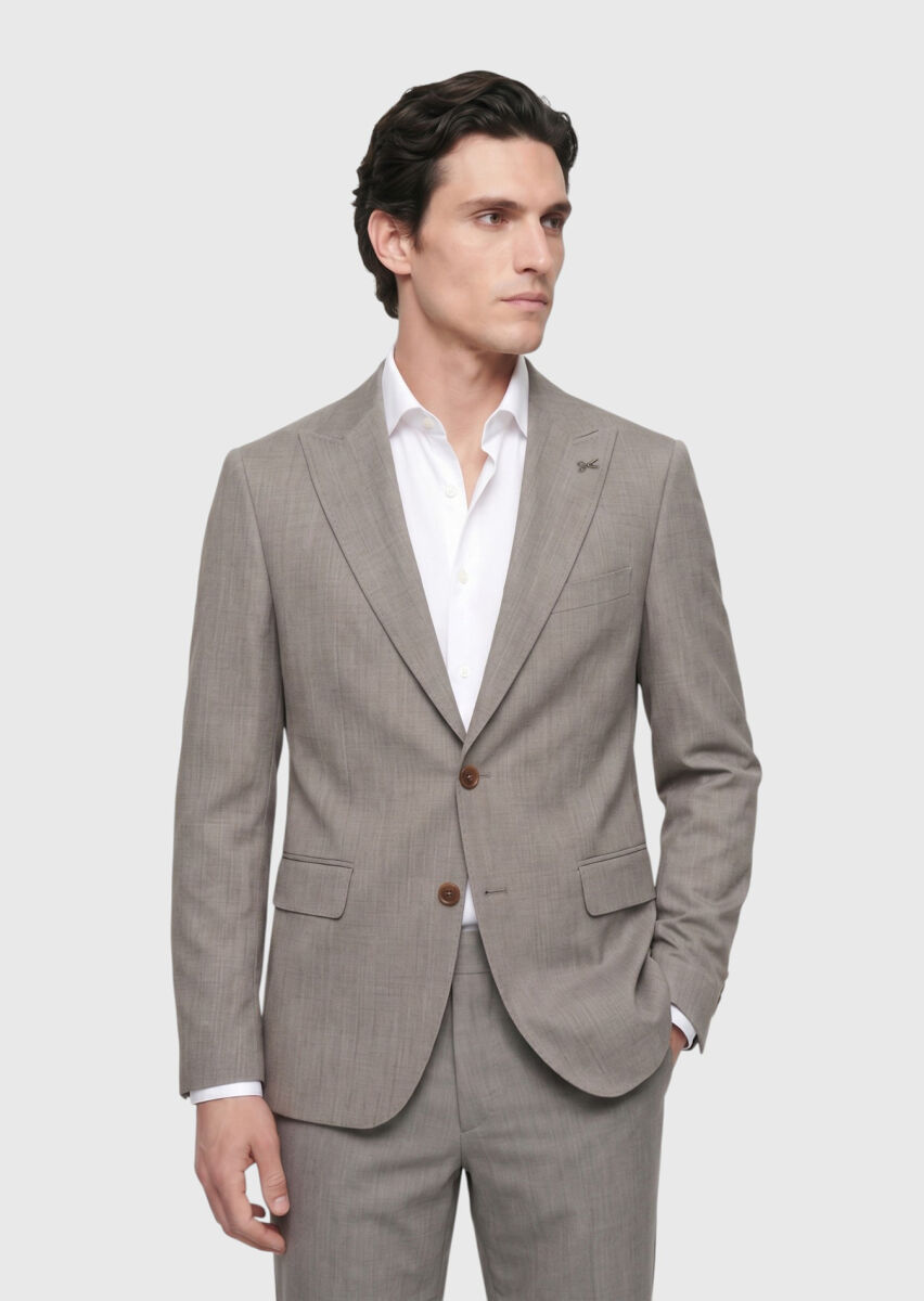Vizon Desenli Zeroweight Slim Fit Yün Karışımlı Takım Elbise - 3