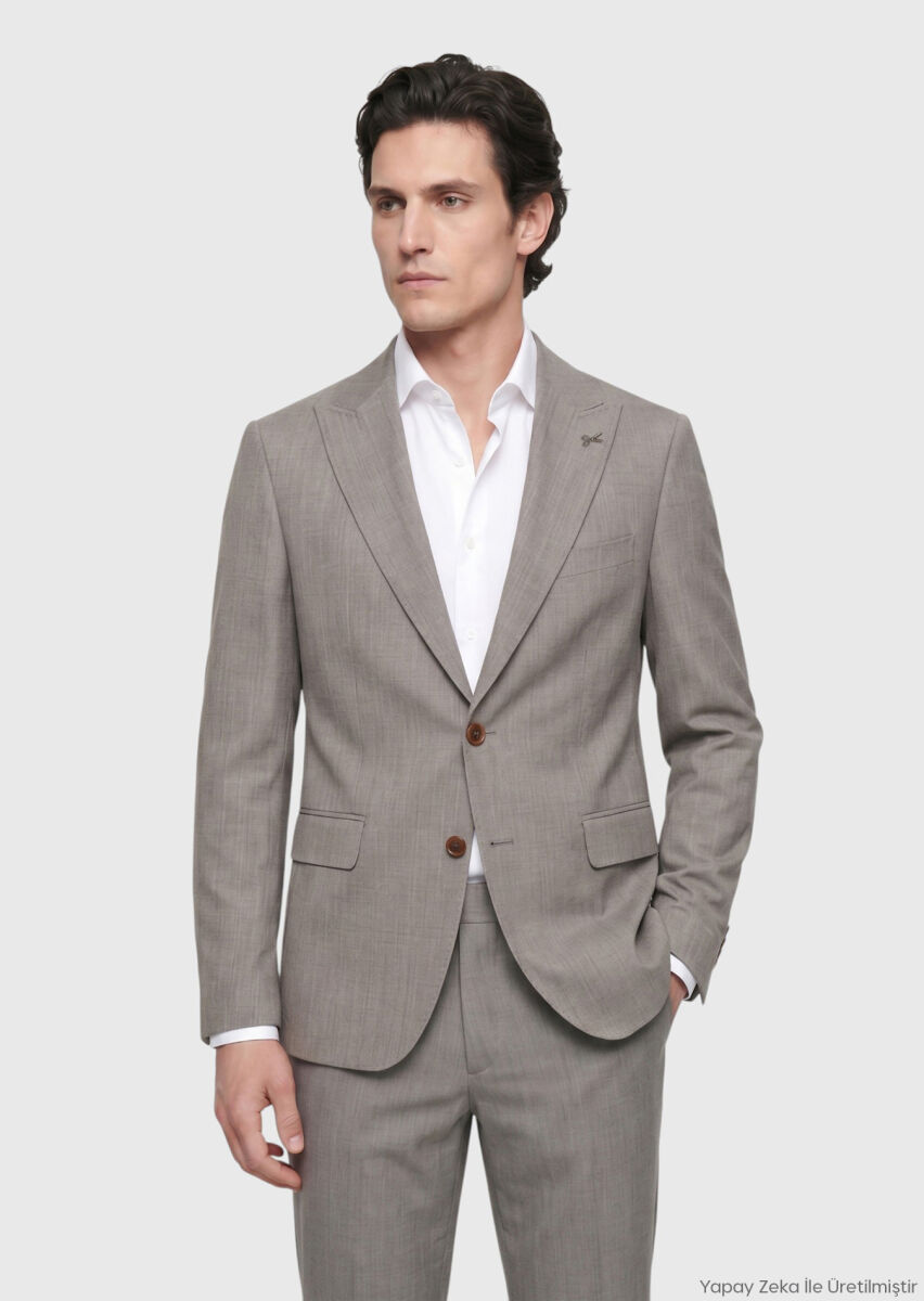 RAMSEY Vizon Desenli Zeroweight Slim Fit Yün Karışımlı Takım Elbise