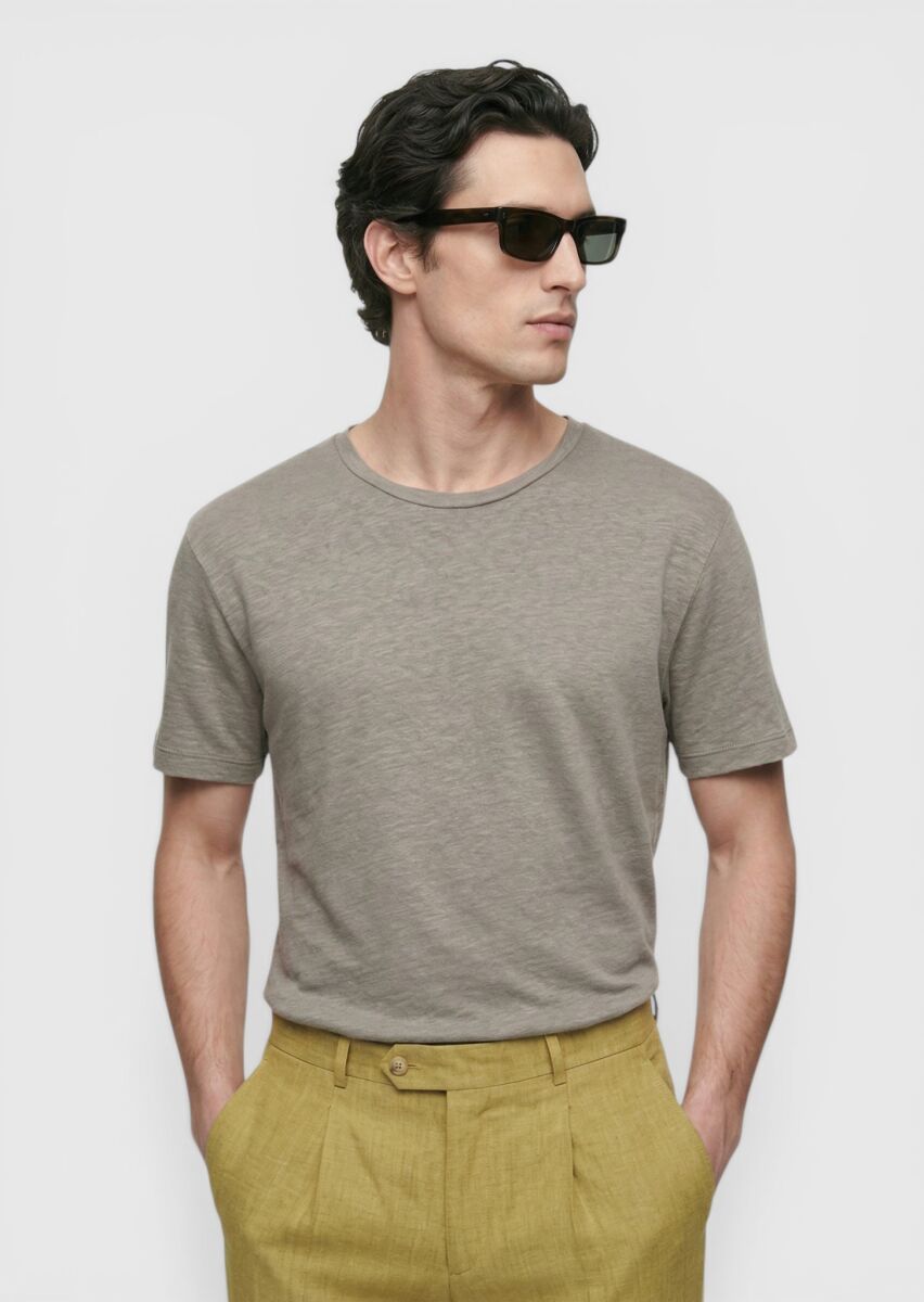 Vizon Düz %100 Keten T-Shirt - 4