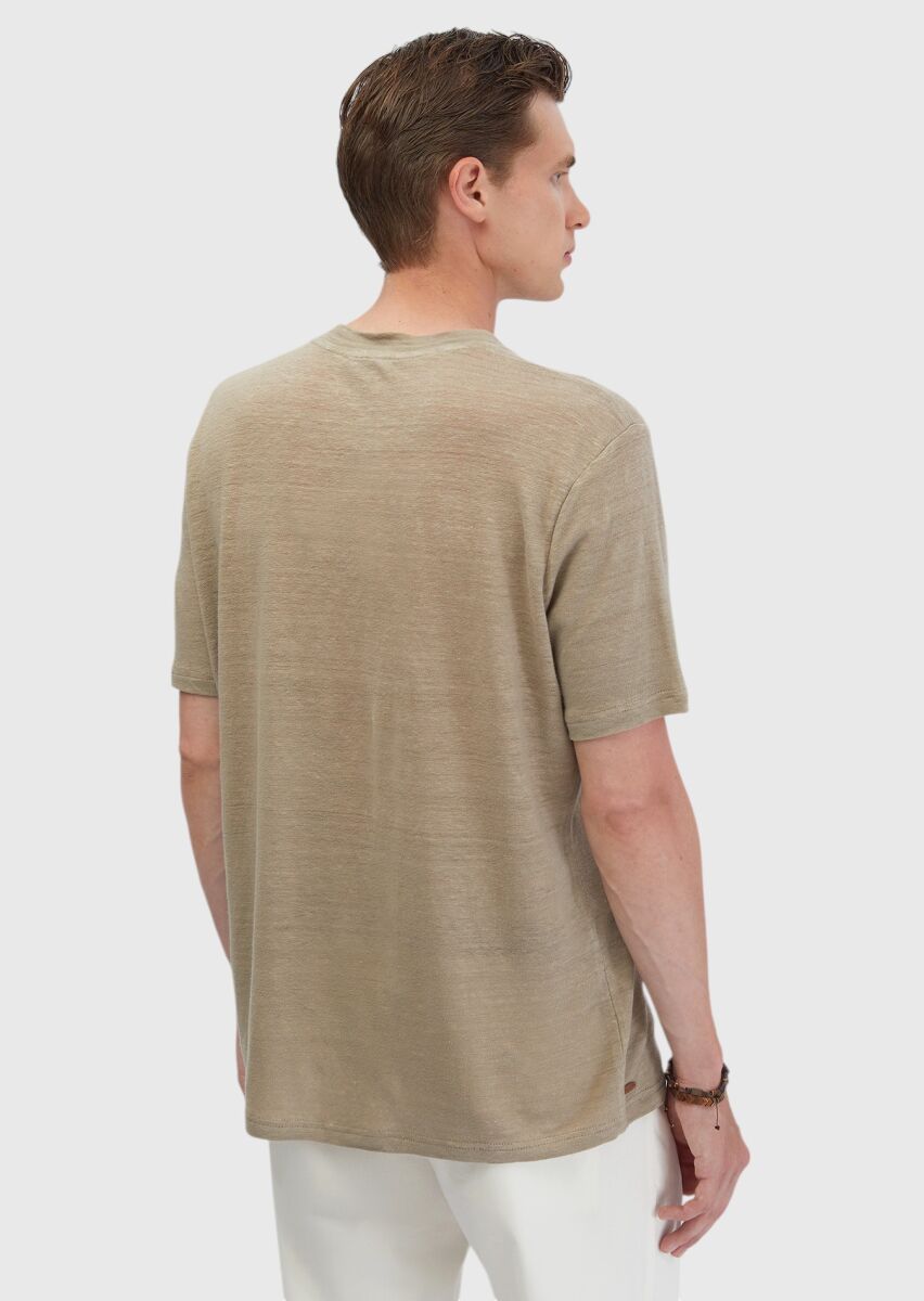 Vizon Düz Bisiklet Yaka %100 Keten T-Shirt - 4