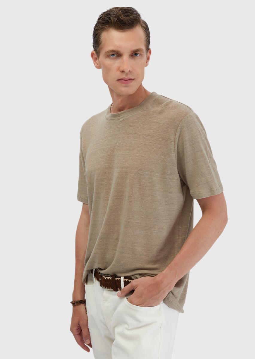 Vizon Düz Bisiklet Yaka %100 Keten T-Shirt - 1