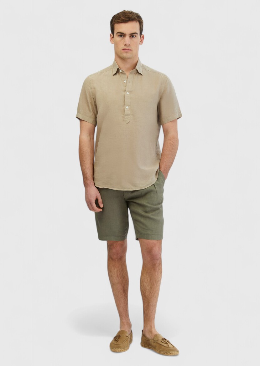 Vizon Düz Casual Fit Dokuma Casual %100 Keten Gömlek 