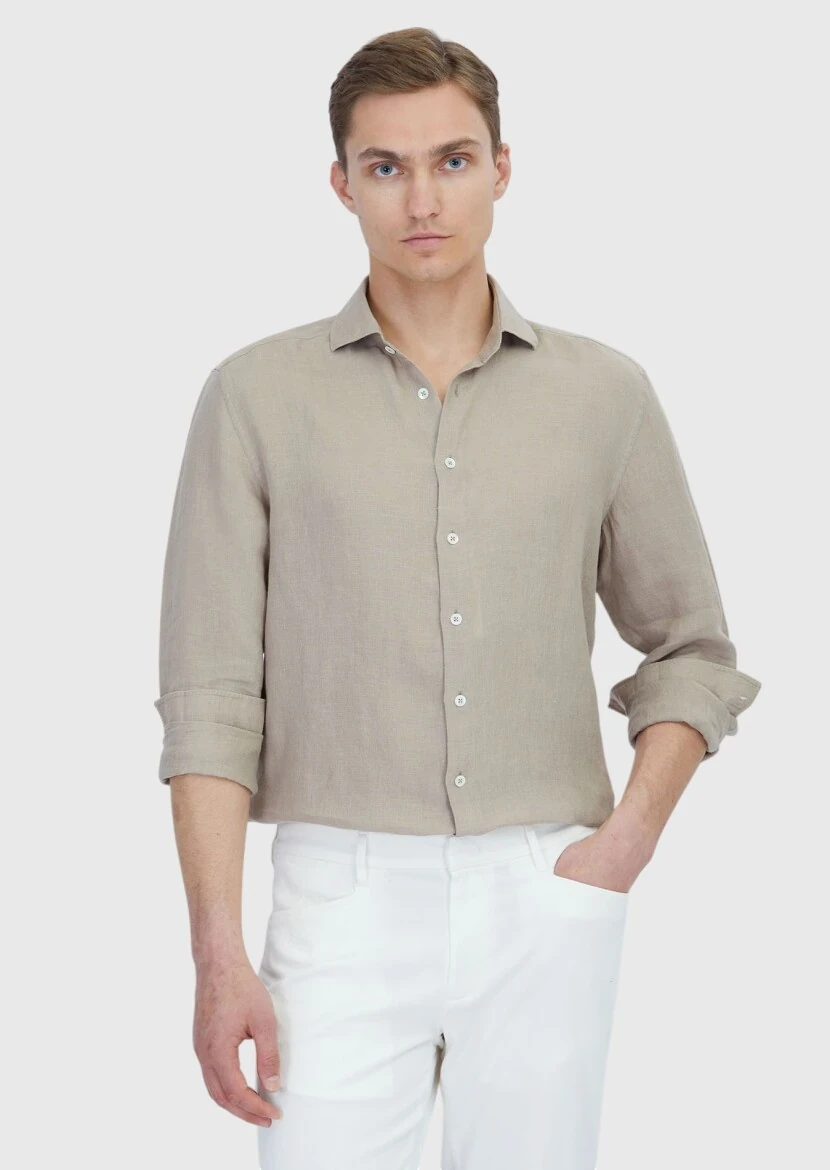 Vizon Düz Casual Fit Dokuma Casual %100 Keten Gömlek - 1