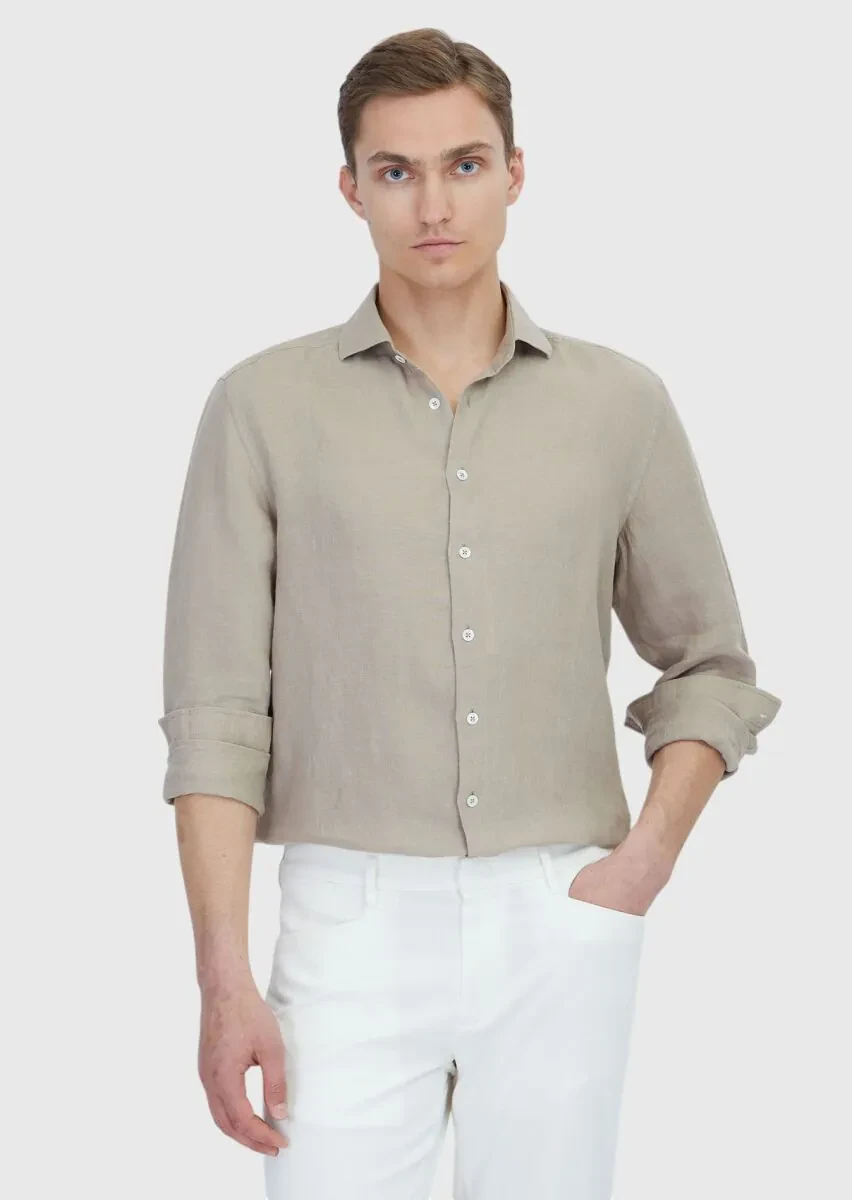 Vizon Düz Casual Fit Dokuma Casual %100 Keten Gömlek - 1