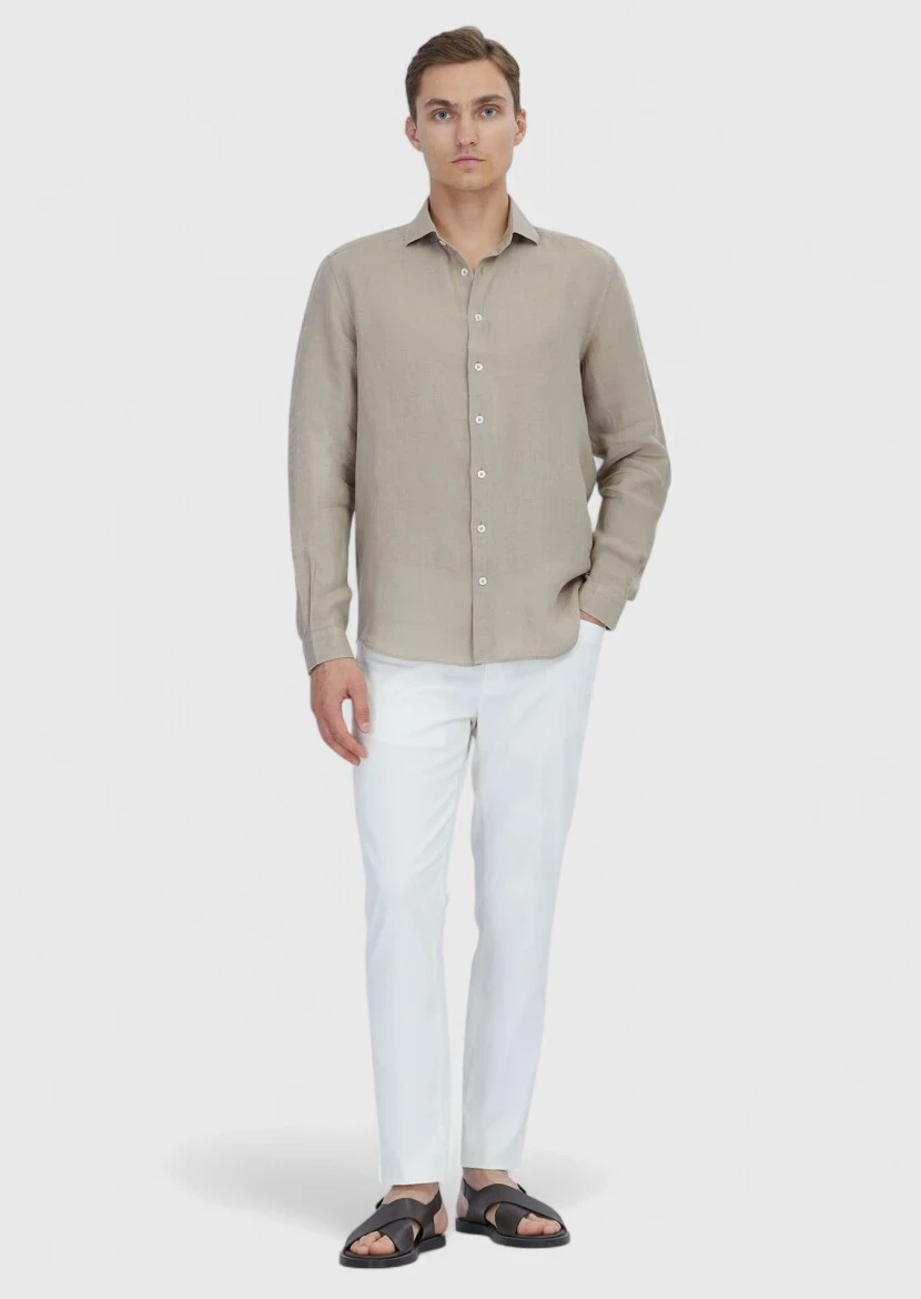 Vizon Düz Casual Fit Dokuma Casual %100 Keten Gömlek 