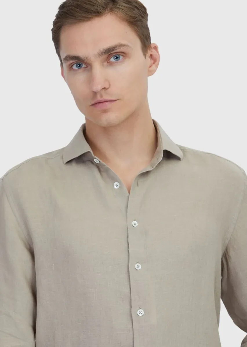 Vizon Düz Casual Fit Dokuma Casual %100 Keten Gömlek - 3